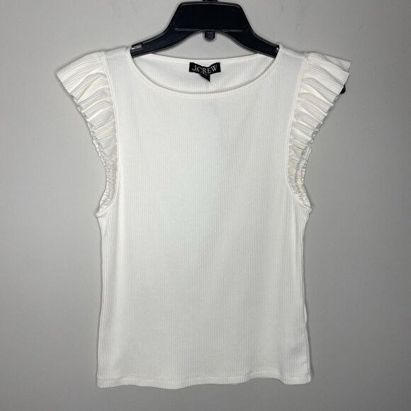 J.CREW Tank Top Women Medium Ivory Vintage Rib Ruffle Tee NEW Boatneck BY423 - Picture 1 of 15